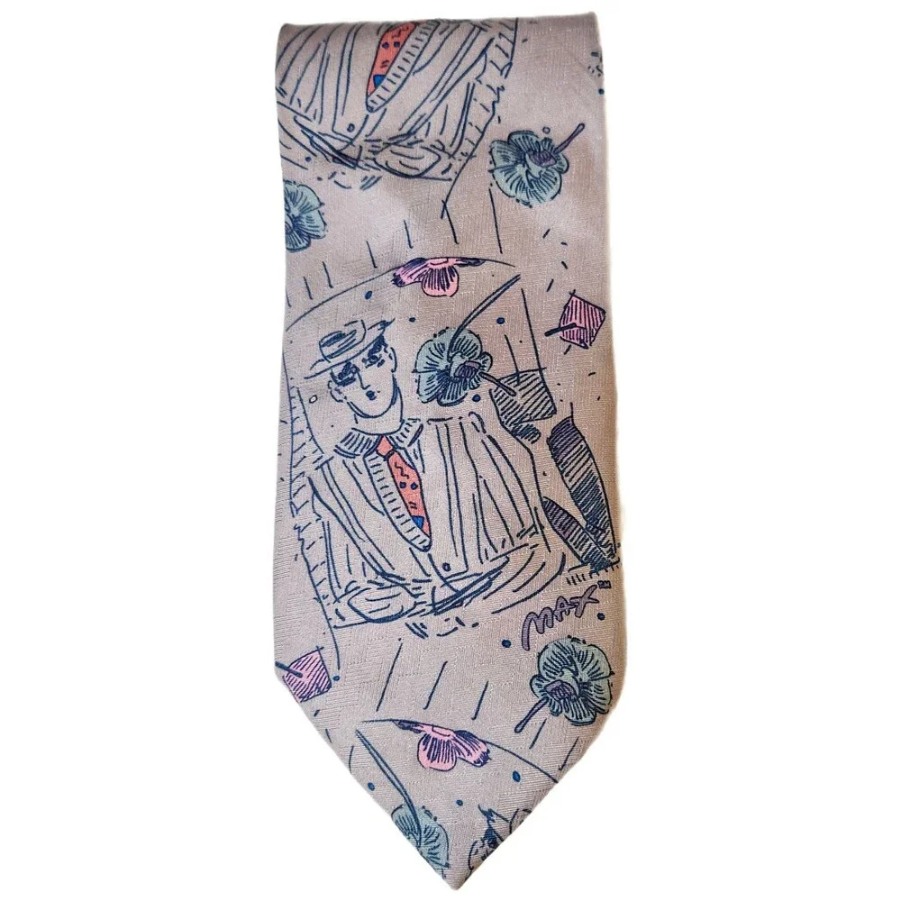 Peter Max Tie 1997 Vintage Gray Silk Classic Art Deco Stylish Man Flowers